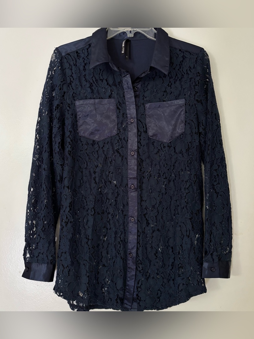 Sheer Lace Button-Front Blouse in Navy